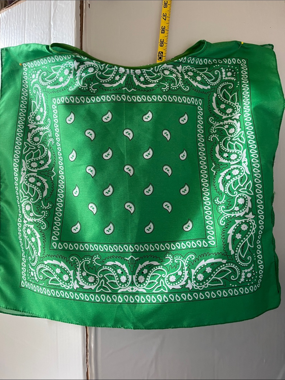 Green Paisley Bandana top green on both sides. Size small to large.